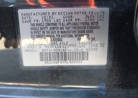 2021 Nissan Versa Sr Xtronic Cvt из США, поврежденный, VIN 3N1CN8FV7ML922003